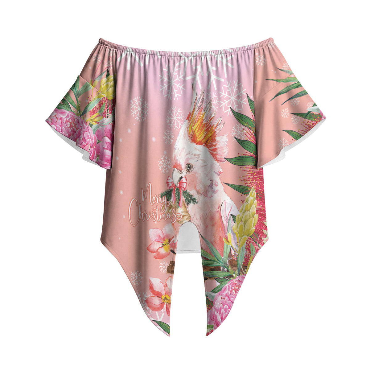 Australia Christmas Pink Cockatoo with Banksia Off Shoulder Wrap Waist Top Coral Pink