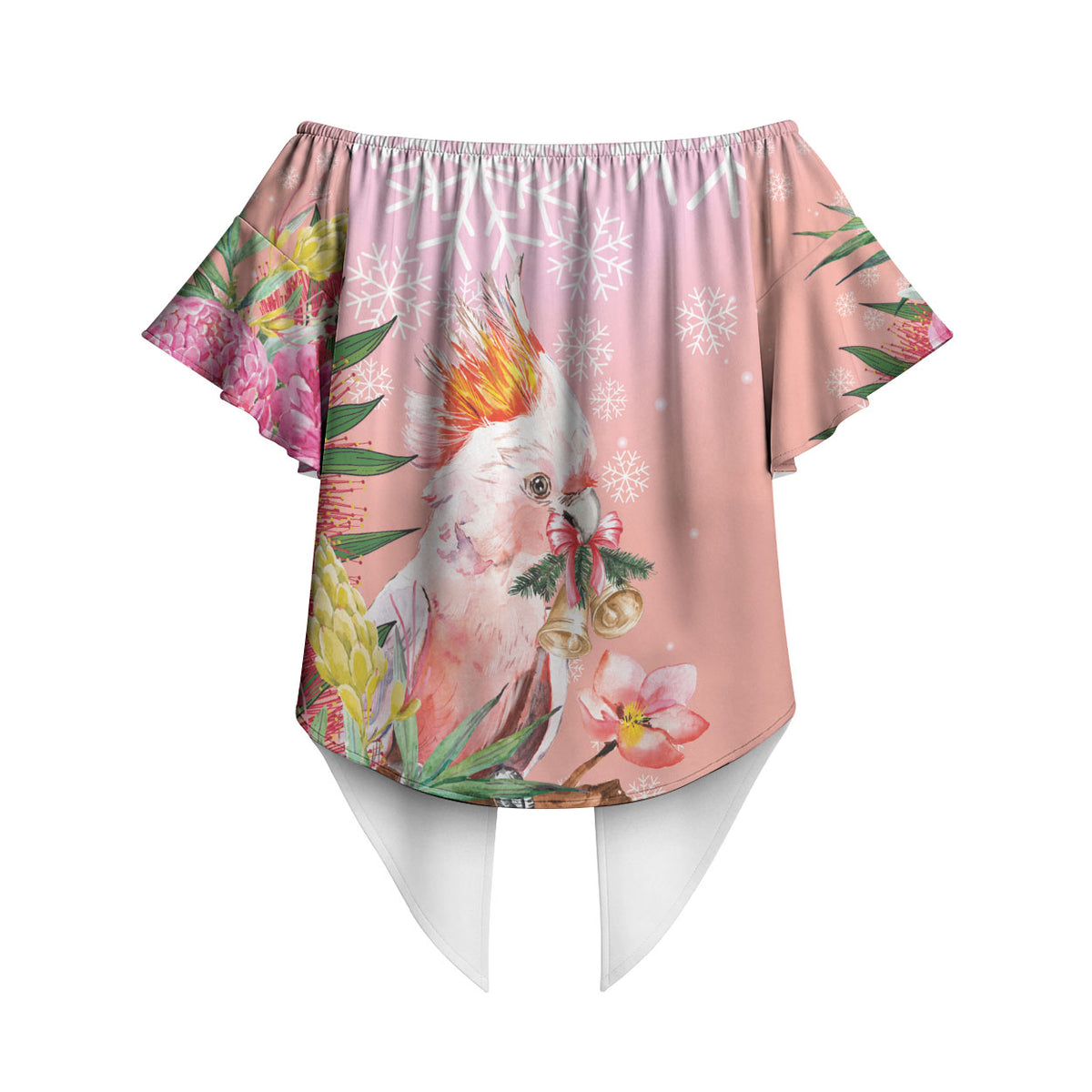 Australia Christmas Pink Cockatoo with Banksia Off Shoulder Wrap Waist Top Coral Pink