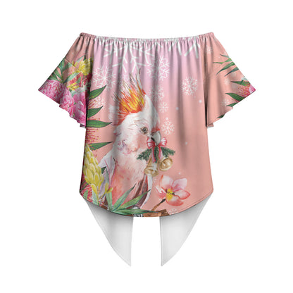 Australia Christmas Pink Cockatoo with Banksia Off Shoulder Wrap Waist Top Coral Pink