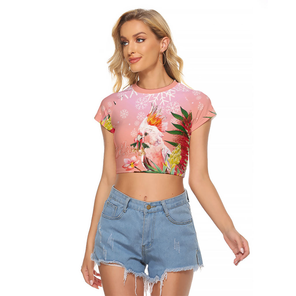 Australia Christmas Pink Cockatoo with Banksia Raglan Cropped T Shirt Coral Pink