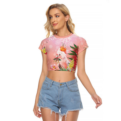 Australia Christmas Pink Cockatoo with Banksia Raglan Cropped T Shirt Coral Pink