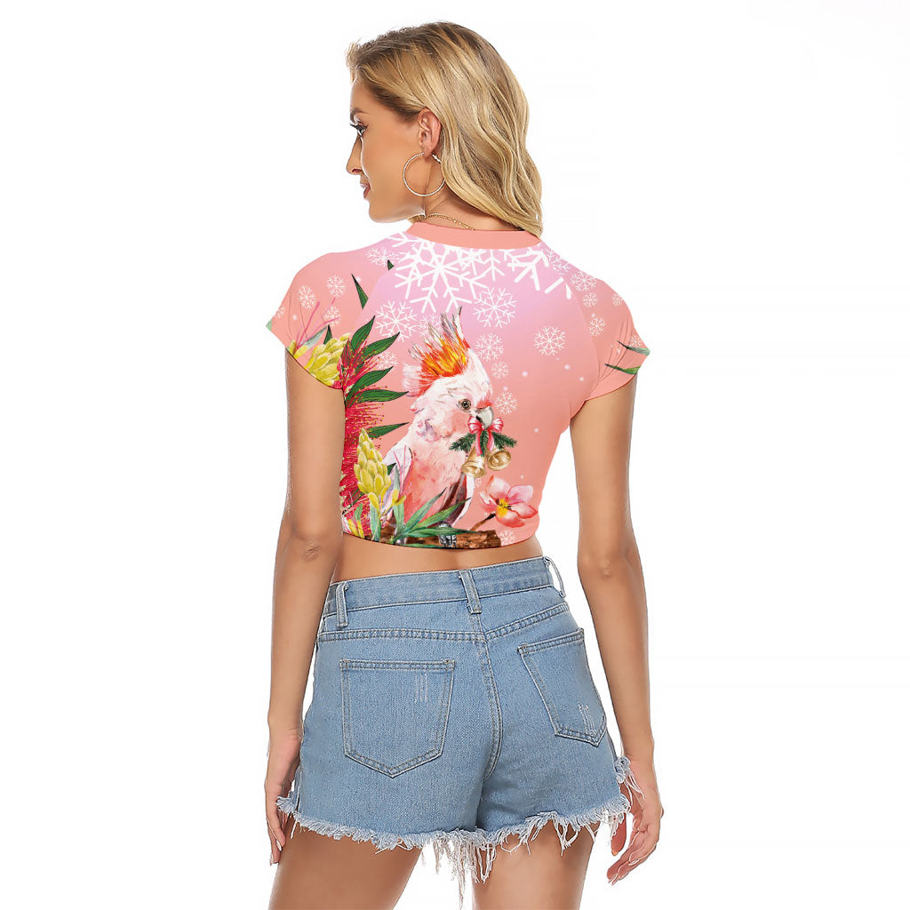 Australia Christmas Pink Cockatoo with Banksia Raglan Cropped T Shirt Coral Pink