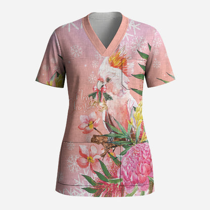 Australia Christmas Pink Cockatoo with Banksia Scrub Top Coral Pink