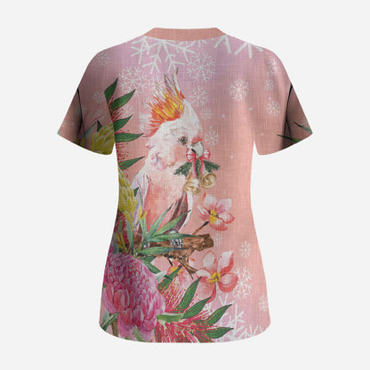 Australia Christmas Pink Cockatoo with Banksia Scrub Top Coral Pink