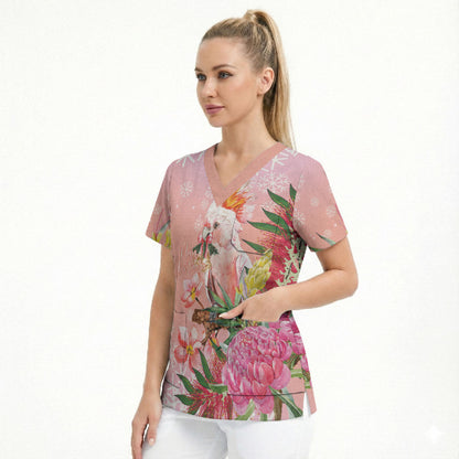 Australia Christmas Pink Cockatoo with Banksia Scrub Top Coral Pink