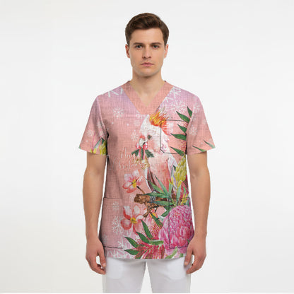 Australia Christmas Pink Cockatoo with Banksia Scrub Top Coral Pink