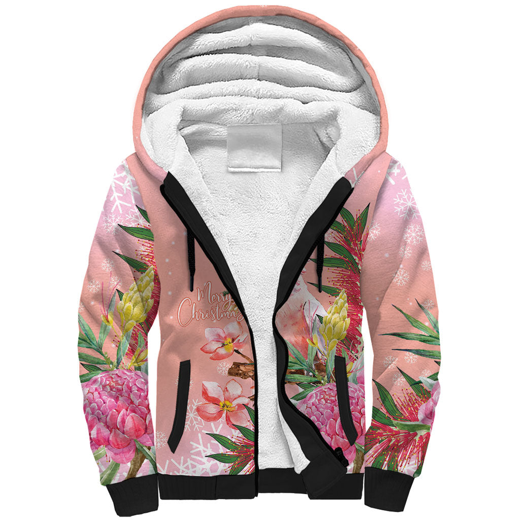 Australia Christmas Pink Cockatoo with Banksia Sherpa Hoodie Coral Pink