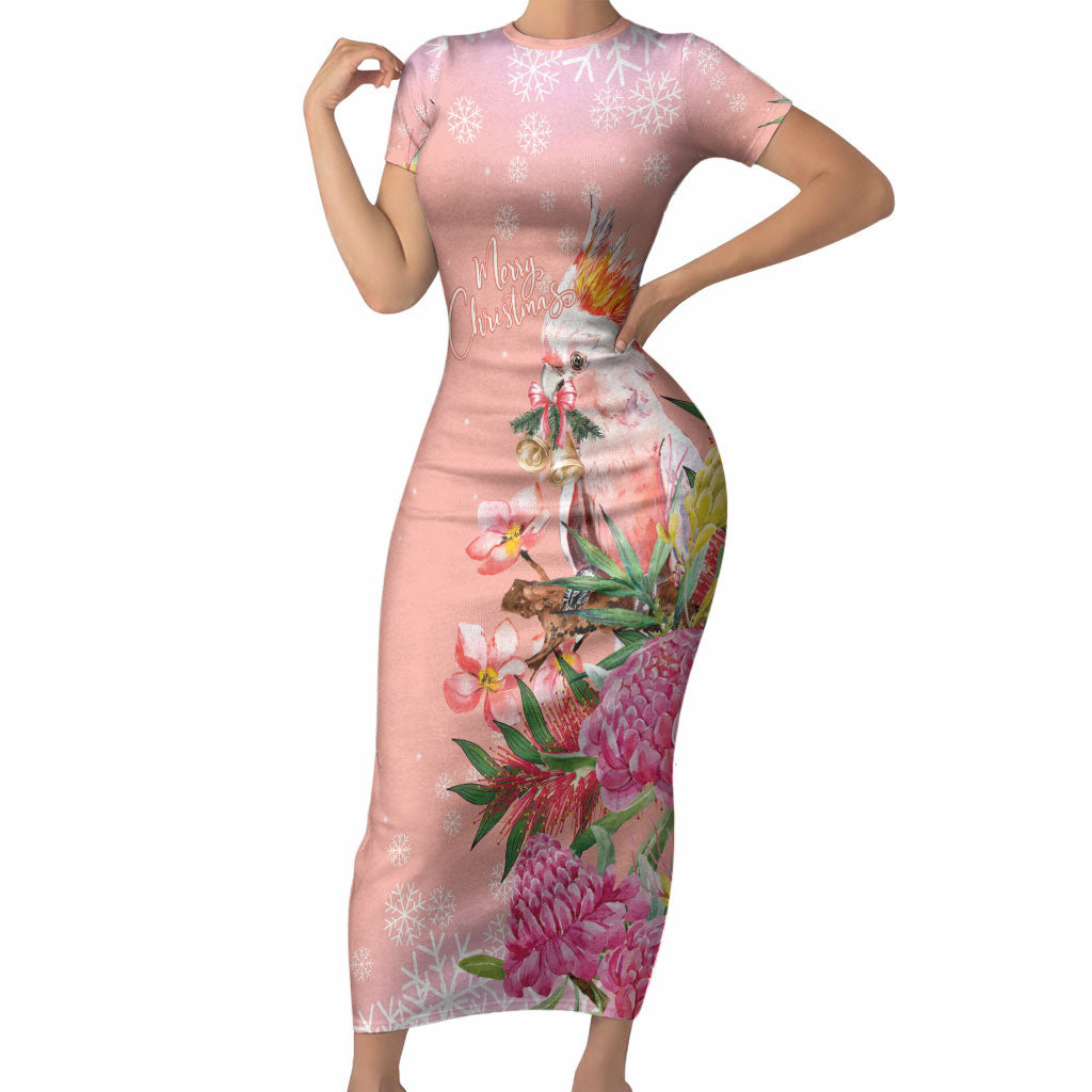 Australia Christmas Pink Cockatoo with Banksia Short Sleeve Bodycon Dress Coral Pink