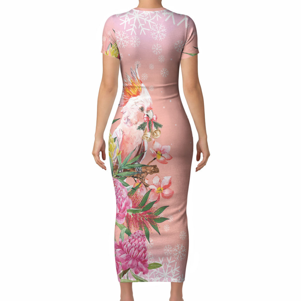 Australia Christmas Pink Cockatoo with Banksia Short Sleeve Bodycon Dress Coral Pink