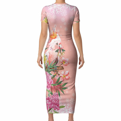 Australia Christmas Pink Cockatoo with Banksia Short Sleeve Bodycon Dress Coral Pink
