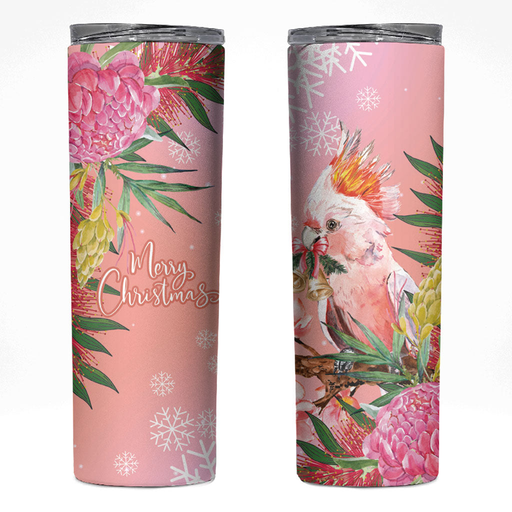 Australia Christmas Pink Cockatoo with Banksia Skinny Tumbler Coral Pink
