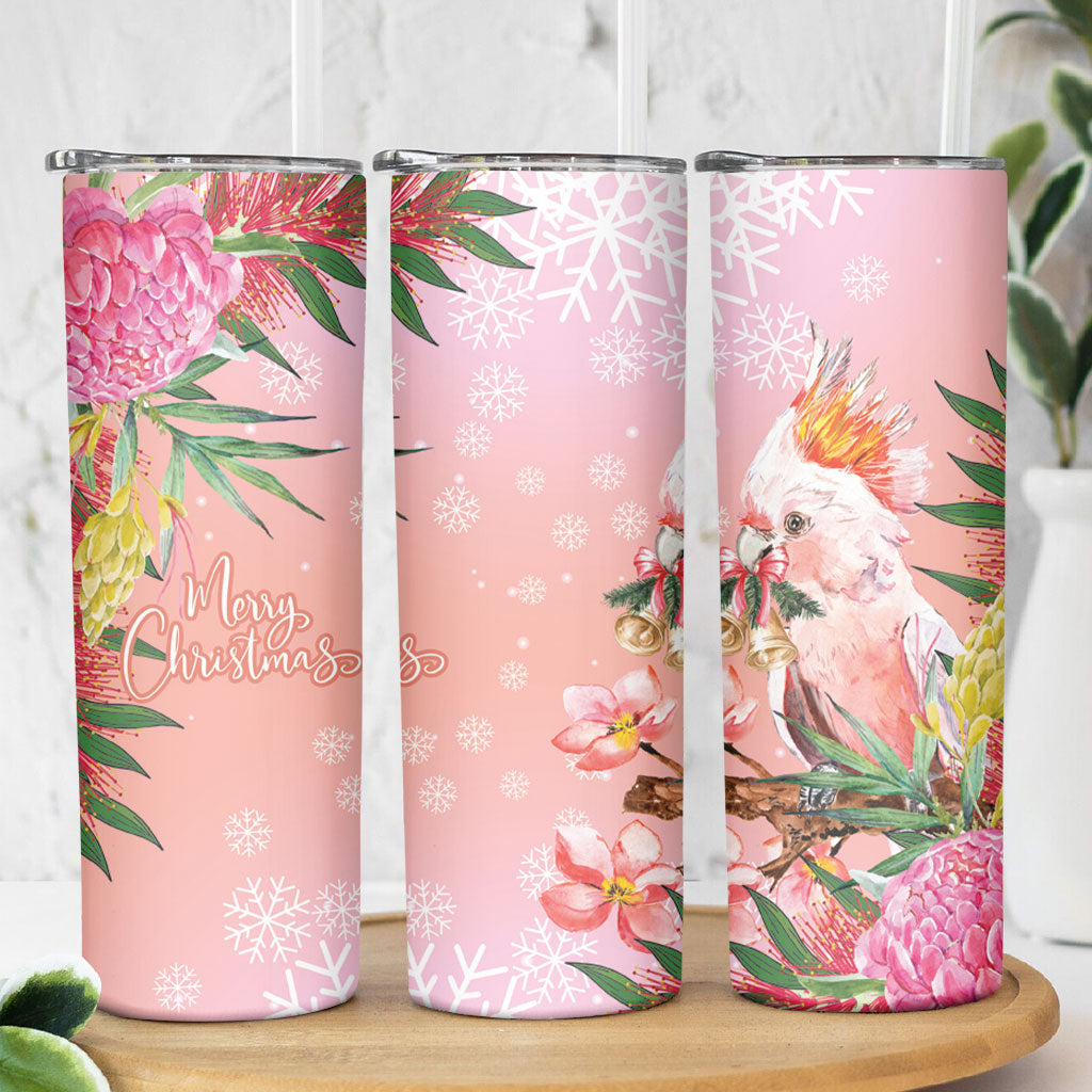 Australia Christmas Pink Cockatoo with Banksia Skinny Tumbler Coral Pink
