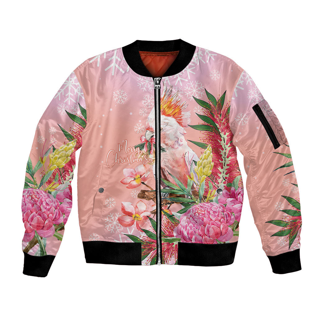 Australia Christmas Pink Cockatoo with Banksia Sleeve Zip Bomber Jacket Coral Pink