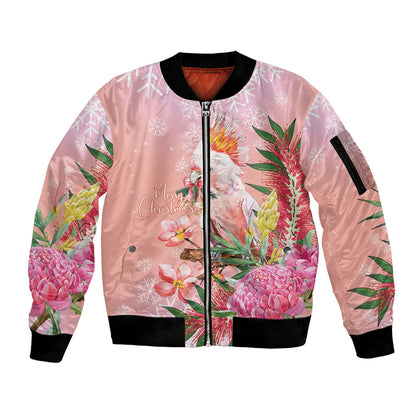 Australia Christmas Pink Cockatoo with Banksia Sleeve Zip Bomber Jacket Coral Pink