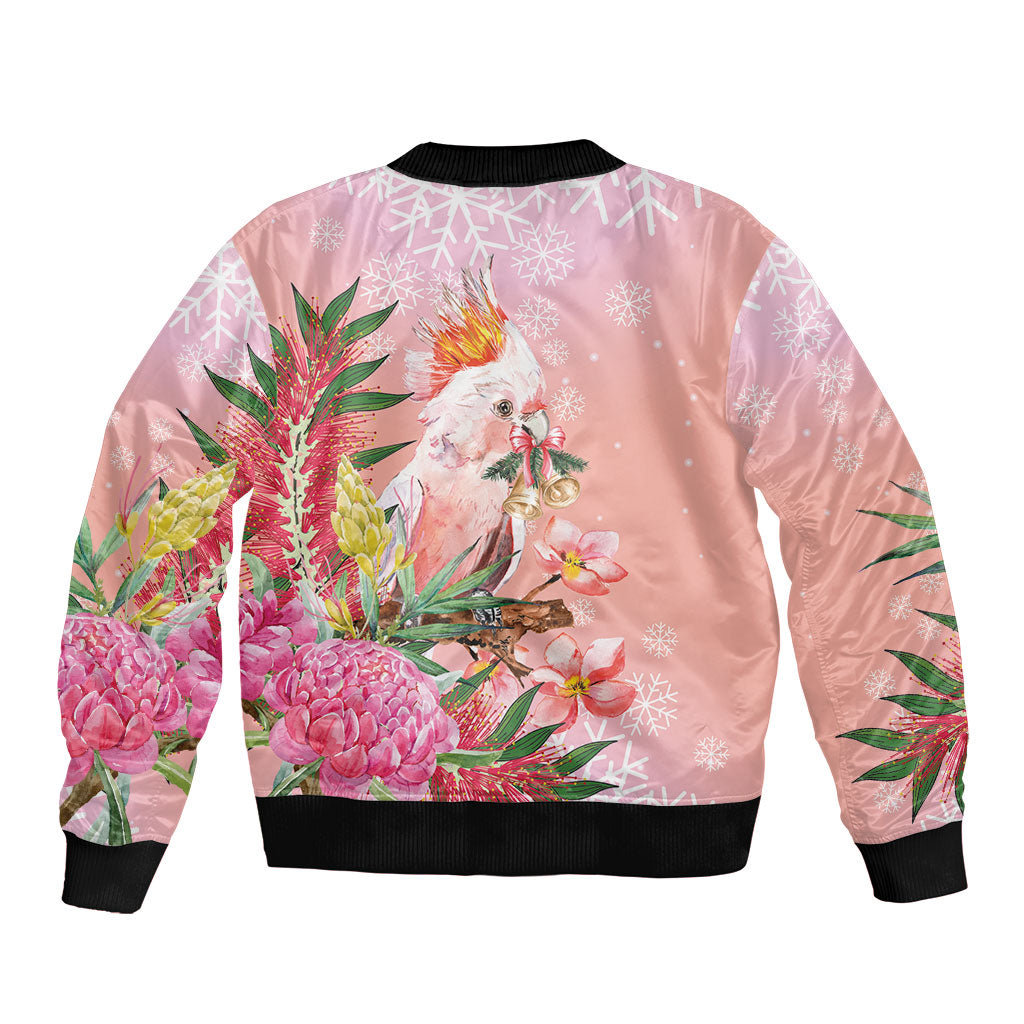 Australia Christmas Pink Cockatoo with Banksia Sleeve Zip Bomber Jacket Coral Pink