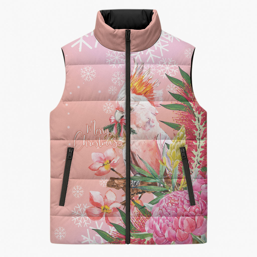 Australia Christmas Pink Cockatoo with Banksia Sleeveless Puffer Jacket Coral Pink