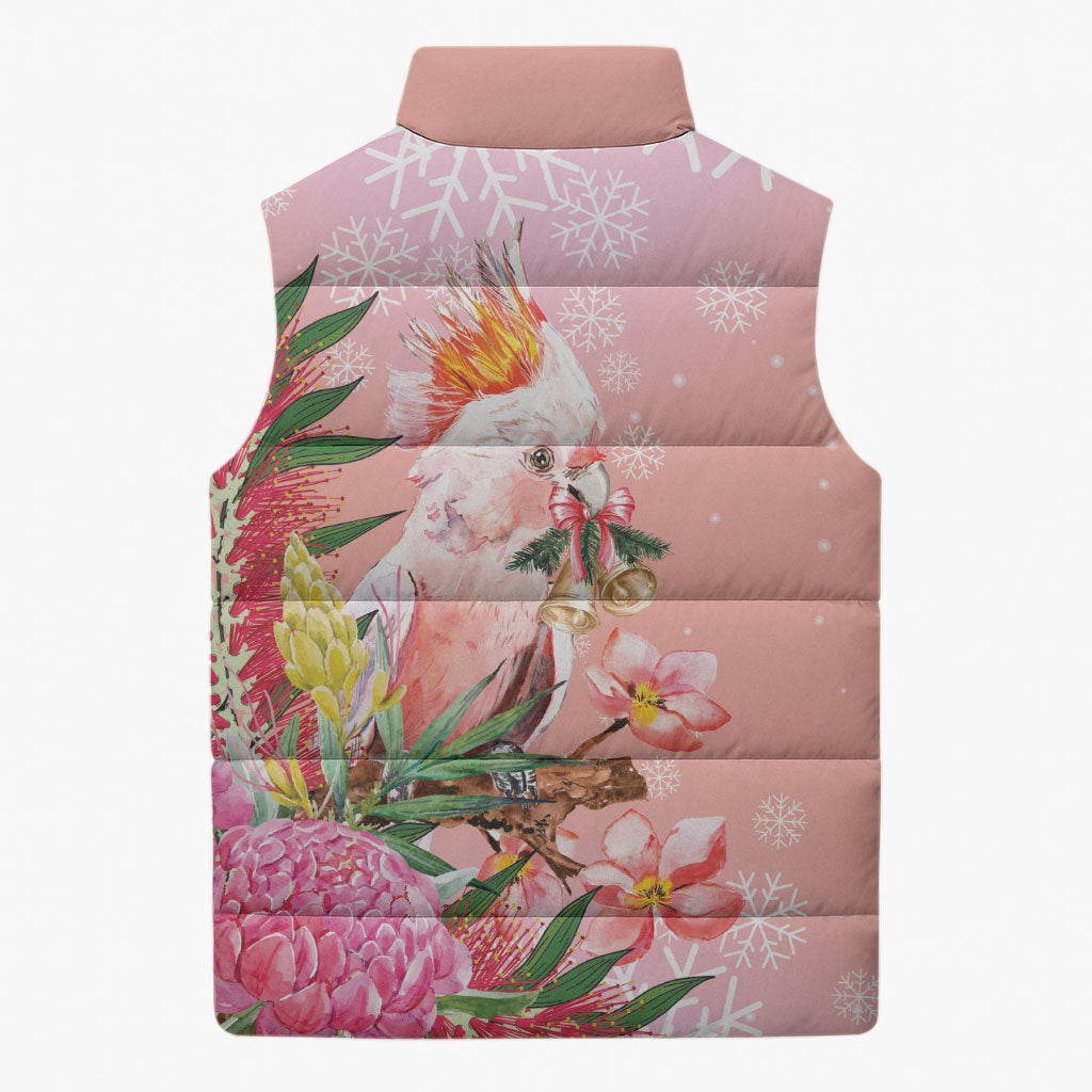 Australia Christmas Pink Cockatoo with Banksia Sleeveless Puffer Jacket Coral Pink