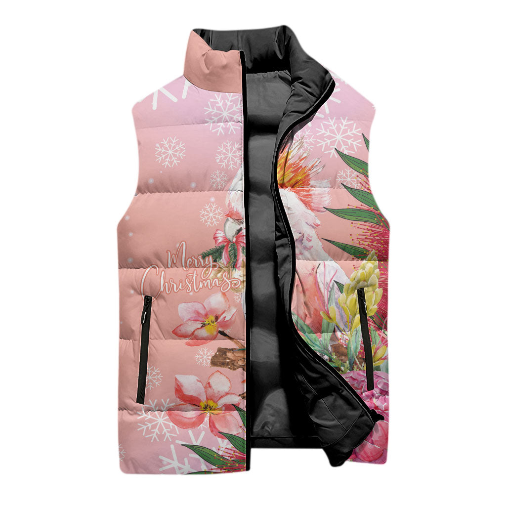 Australia Christmas Pink Cockatoo with Banksia Sleeveless Puffer Jacket Coral Pink