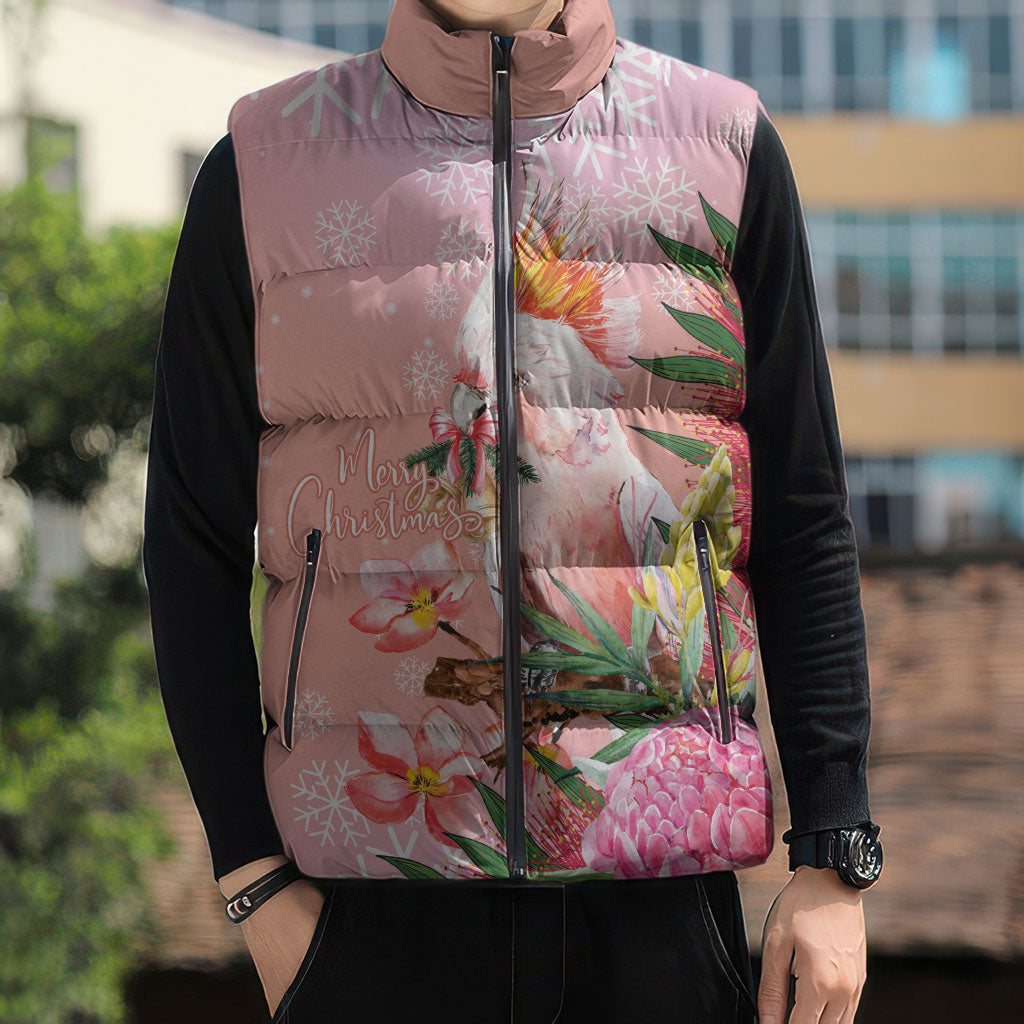 Australia Christmas Pink Cockatoo with Banksia Sleeveless Puffer Jacket Coral Pink