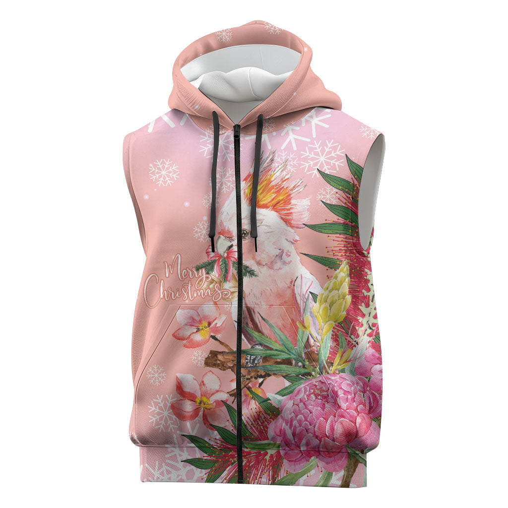 Australia Christmas Pink Cockatoo with Banksia Sleeveless Zip Hoodie Coral Pink