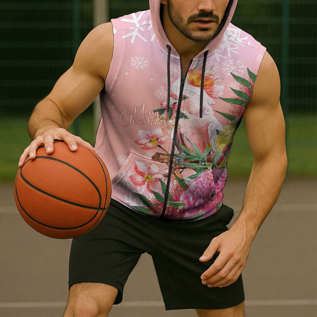 Australia Christmas Pink Cockatoo with Banksia Sleeveless Zip Hoodie Coral Pink