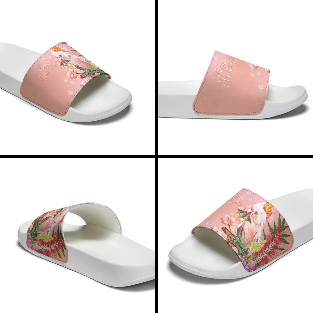 Australia Christmas Pink Cockatoo with Banksia Slide Sandals Coral Pink