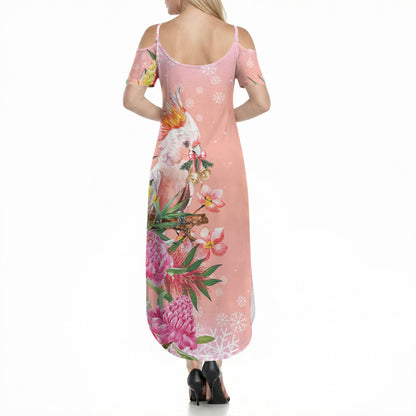Australia Christmas Pink Cockatoo with Banksia Summer Maxi Dress Coral Pink