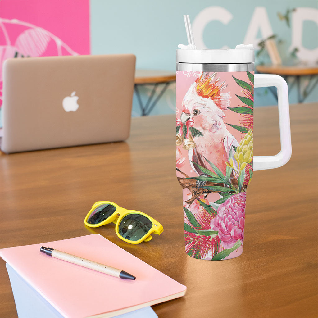 Australia Christmas Pink Cockatoo with Banksia Tumbler With Handle Coral Pink