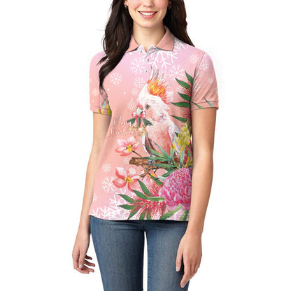 Australia Christmas Pink Cockatoo with Banksia Women Polo Shirt Coral Pink