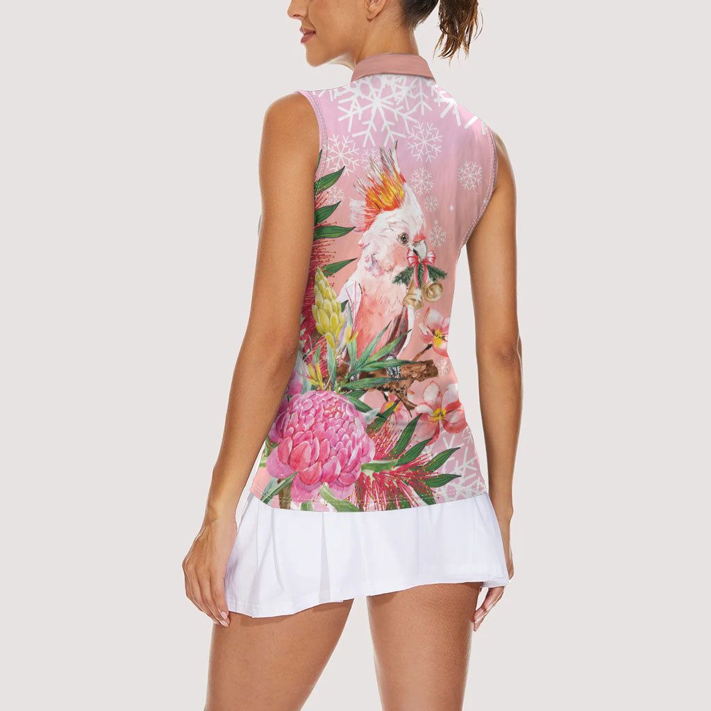 Australia Christmas Pink Cockatoo with Banksia Women Sleeveless Polo Shirt Coral Pink