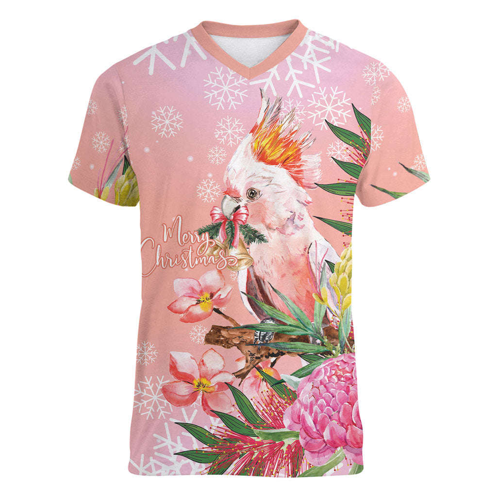 Australia Christmas Pink Cockatoo with Banksia Women V-Neck T-Shirt Coral Pink
