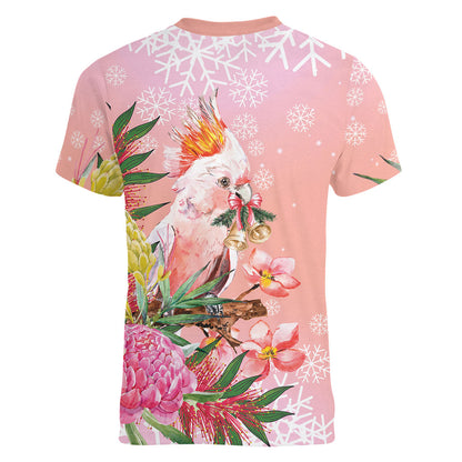 Australia Christmas Pink Cockatoo with Banksia Women V-Neck T-Shirt Coral Pink