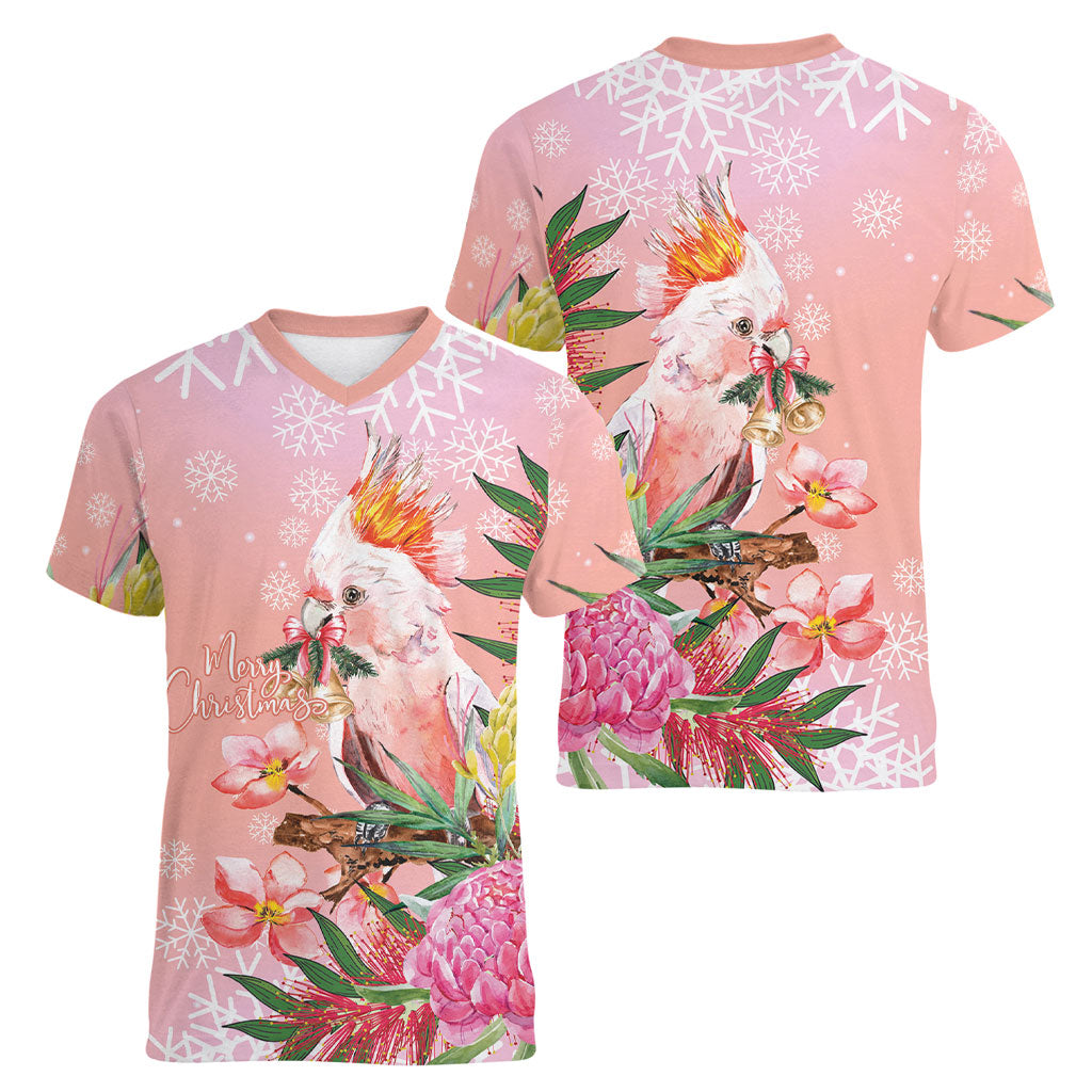 Australia Christmas Pink Cockatoo with Banksia Women V-Neck T-Shirt Coral Pink