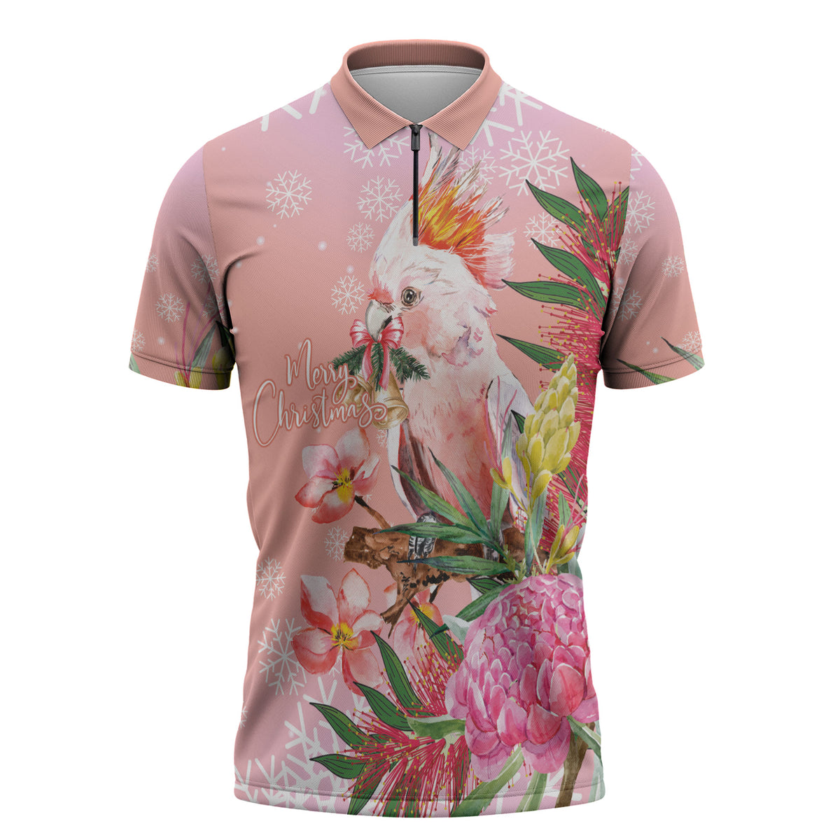 Australia Christmas Pink Cockatoo with Banksia Zipper Polo Shirt Coral Pink