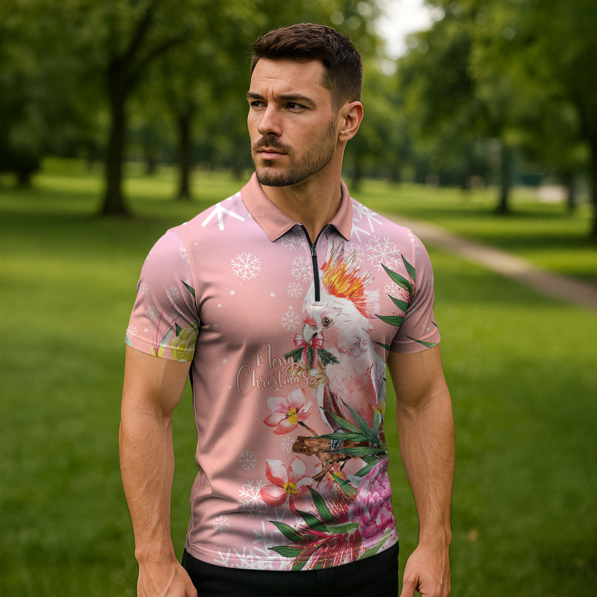 Australia Christmas Pink Cockatoo with Banksia Zipper Polo Shirt Coral Pink