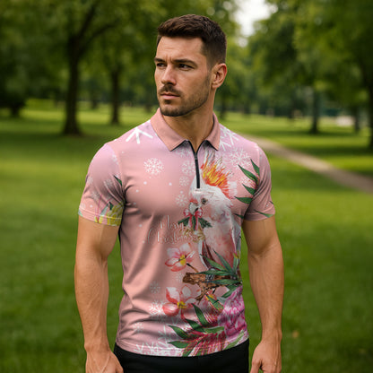 Australia Christmas Pink Cockatoo with Banksia Zipper Polo Shirt Coral Pink