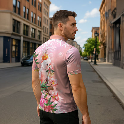 Australia Christmas Pink Cockatoo with Banksia Zipper Polo Shirt Coral Pink