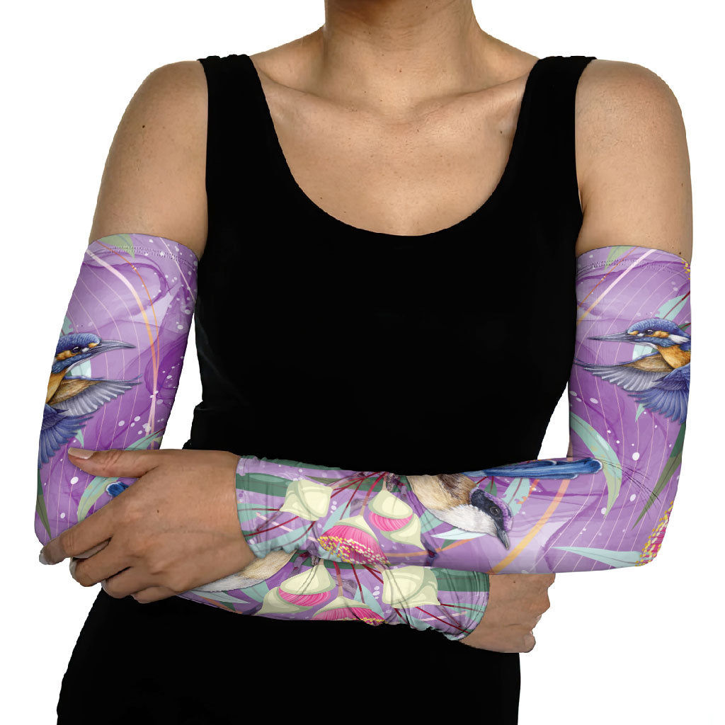 Australia Epilepsy Month Arm Sleeves Purple Fairy Wren with Eucalyptus Flowers