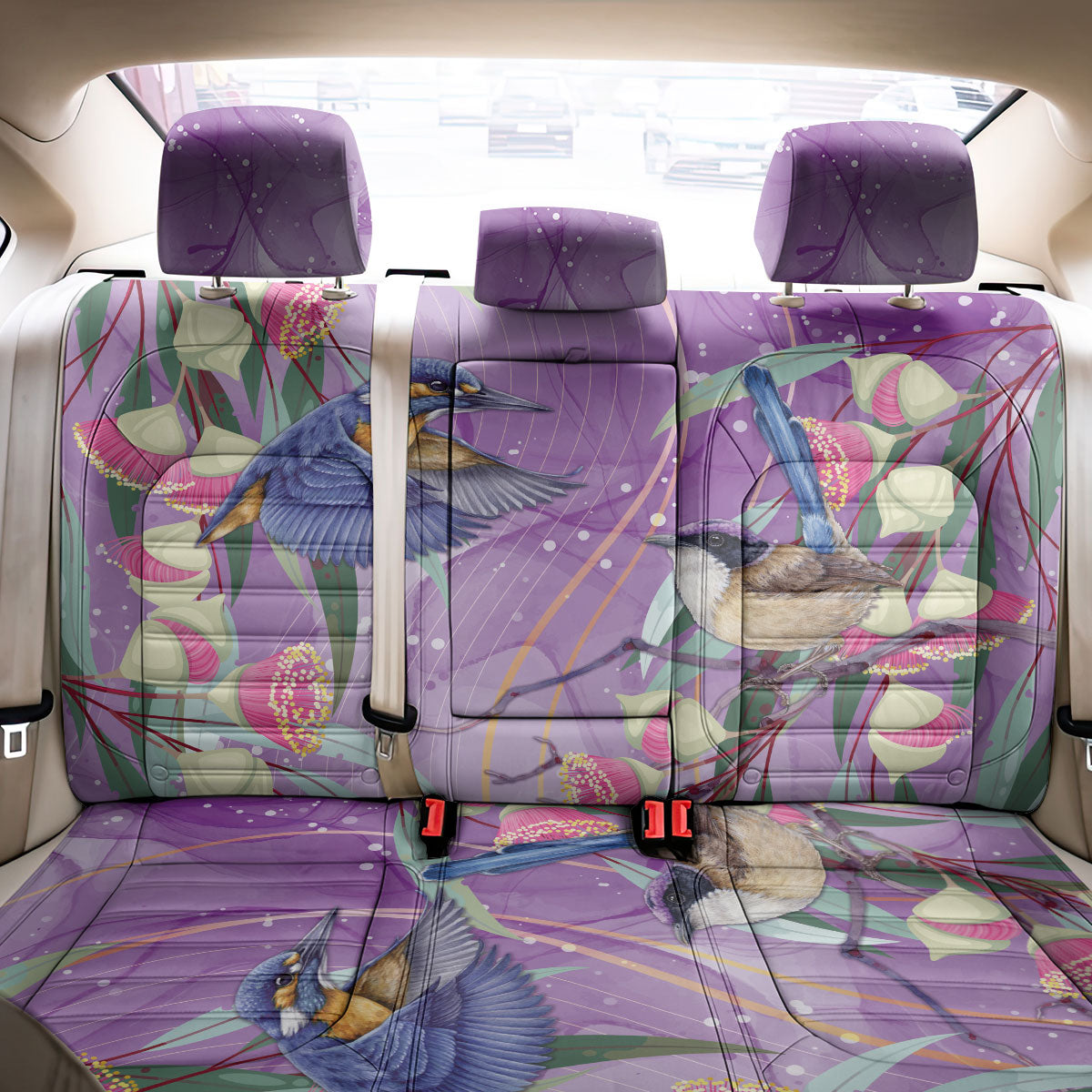 Australia Epilepsy Month Back Car Seat Cover Purple Fairy Wren with Eucalyptus Flowers