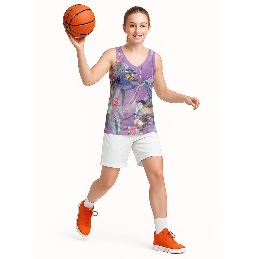Australia Epilepsy Month Basketball Jersey Purple Fairy Wren with Eucalyptus Flowers