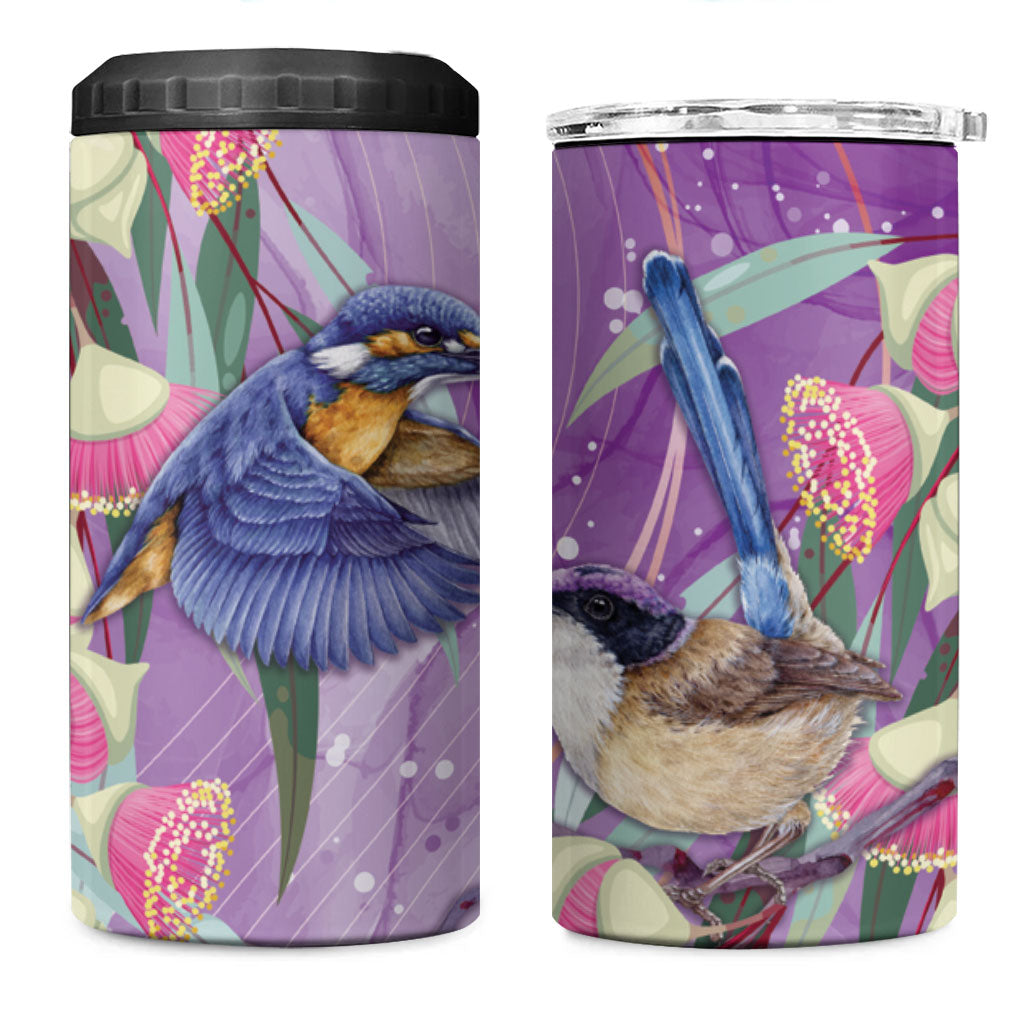 Australia Epilepsy Month 4 in 1 Can Cooler Tumbler Purple Fairy Wren with Eucalyptus Flowers