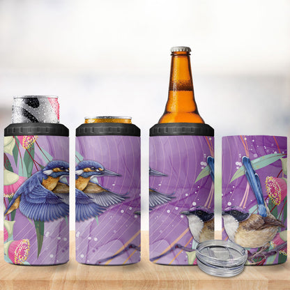 Australia Epilepsy Month 4 in 1 Can Cooler Tumbler Purple Fairy Wren with Eucalyptus Flowers