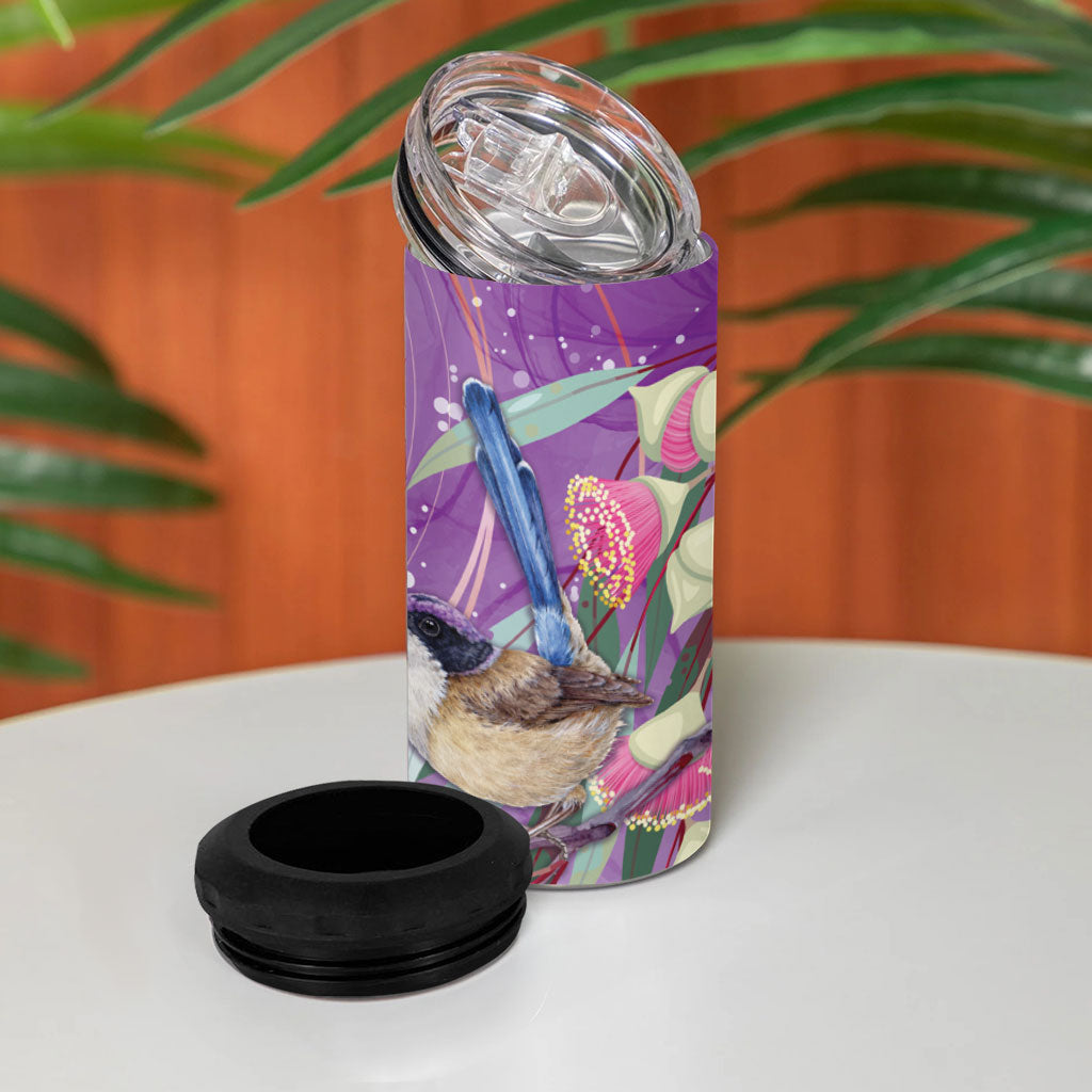Australia Epilepsy Month 4 in 1 Can Cooler Tumbler Purple Fairy Wren with Eucalyptus Flowers