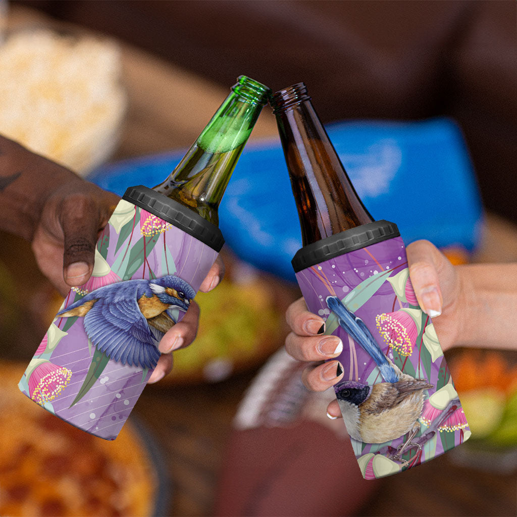 Australia Epilepsy Month 4 in 1 Can Cooler Tumbler Purple Fairy Wren with Eucalyptus Flowers
