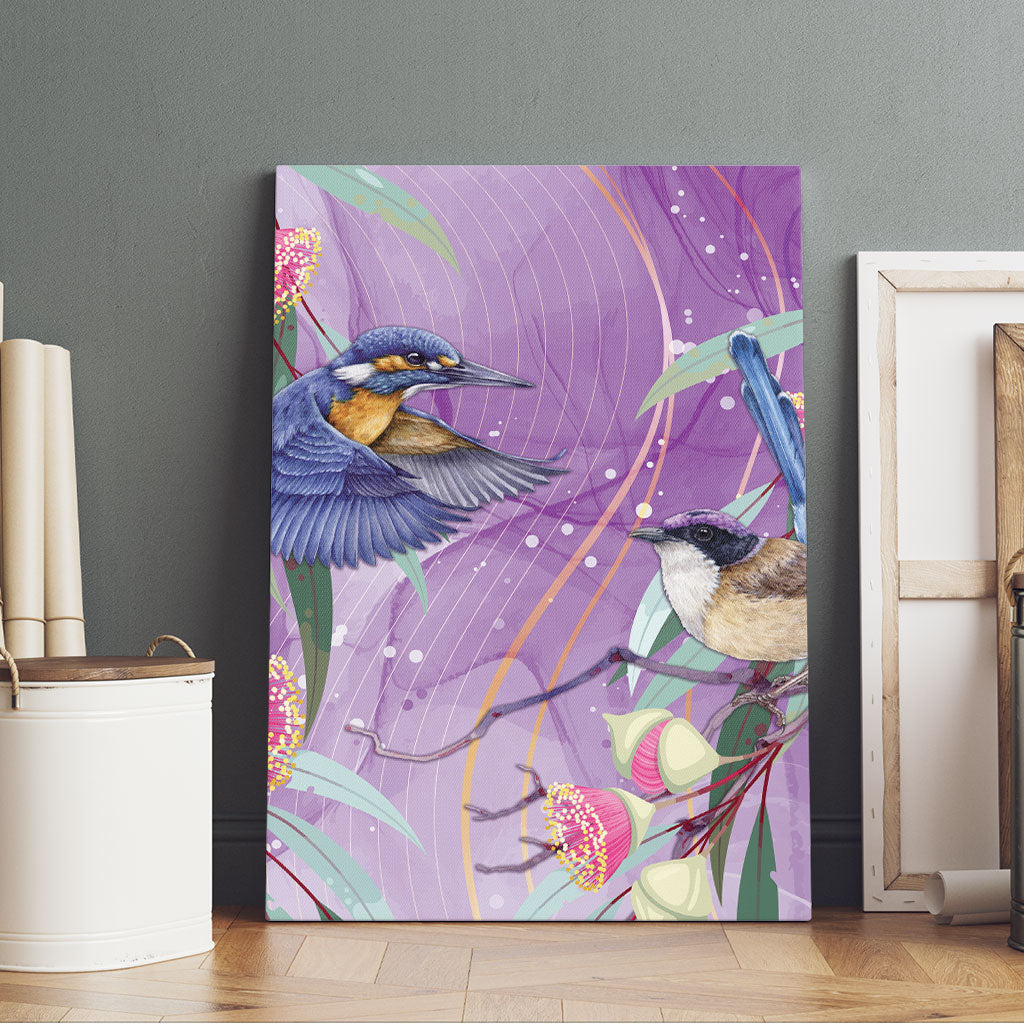 Australia Epilepsy Month Canvas Wall Art Purple Fairy Wren with Eucalyptus Flowers