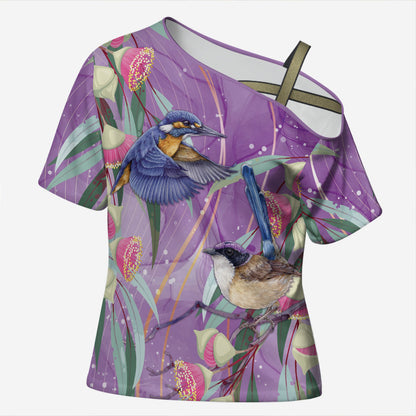Australia Epilepsy Month Cross Shoulder Shirt Purple Fairy Wren with Eucalyptus Flowers
