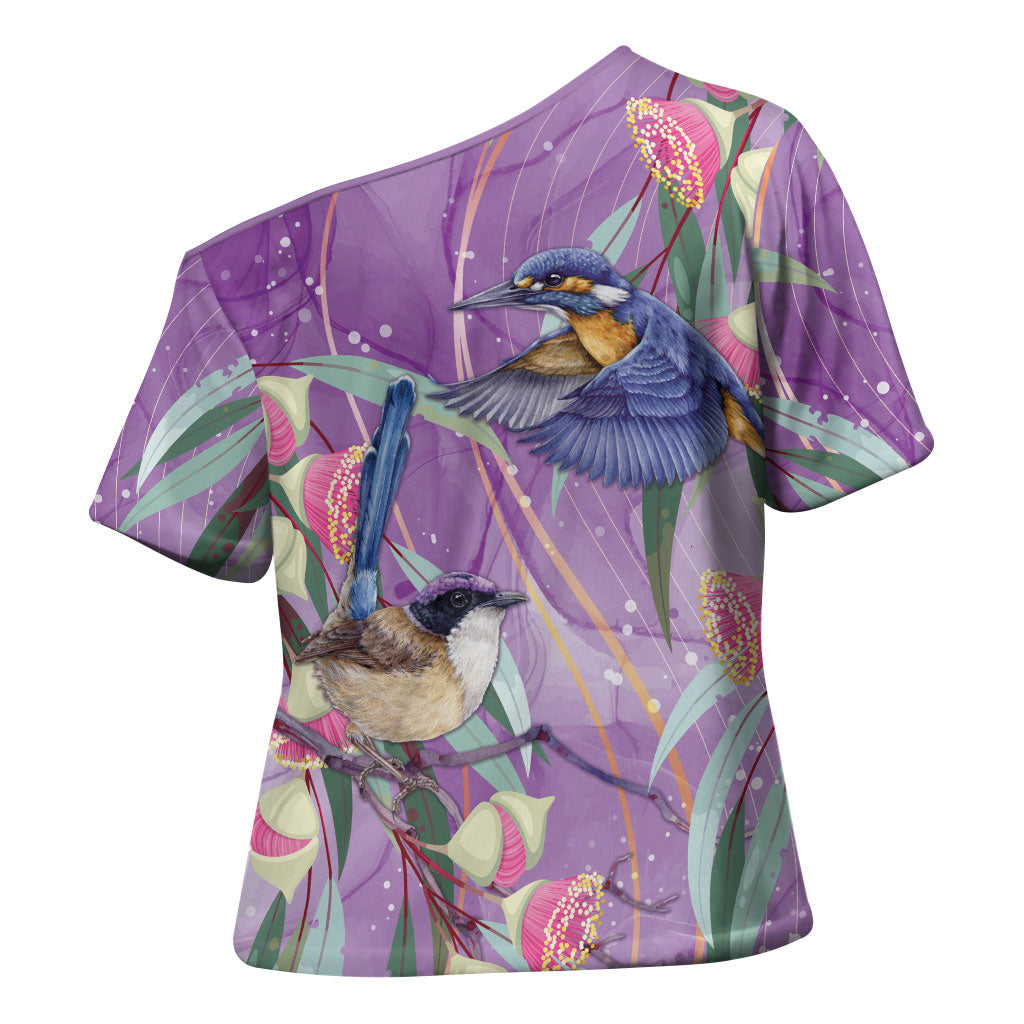 Australia Epilepsy Month Cross Shoulder Shirt Purple Fairy Wren with Eucalyptus Flowers