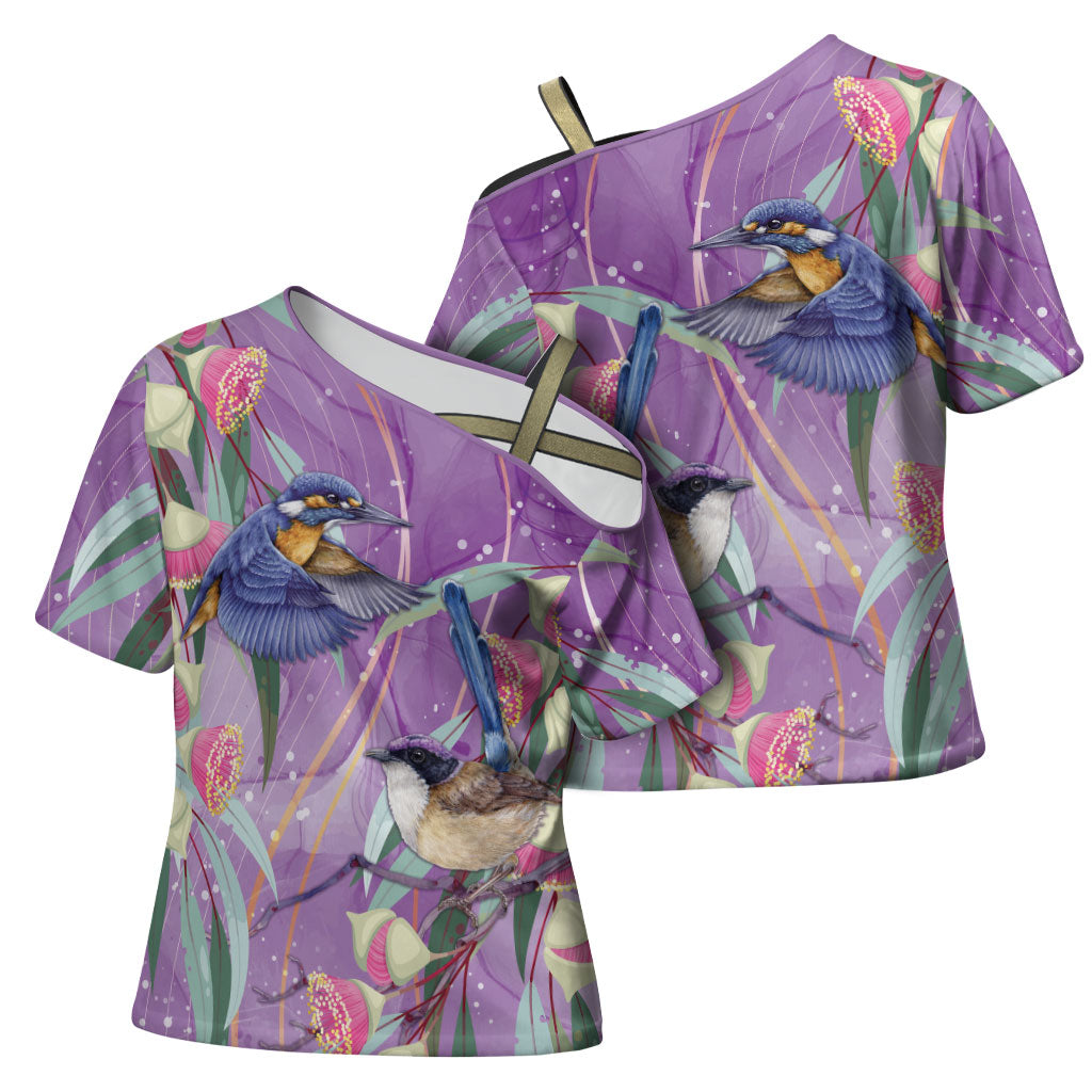 Australia Epilepsy Month Cross Shoulder Shirt Purple Fairy Wren with Eucalyptus Flowers