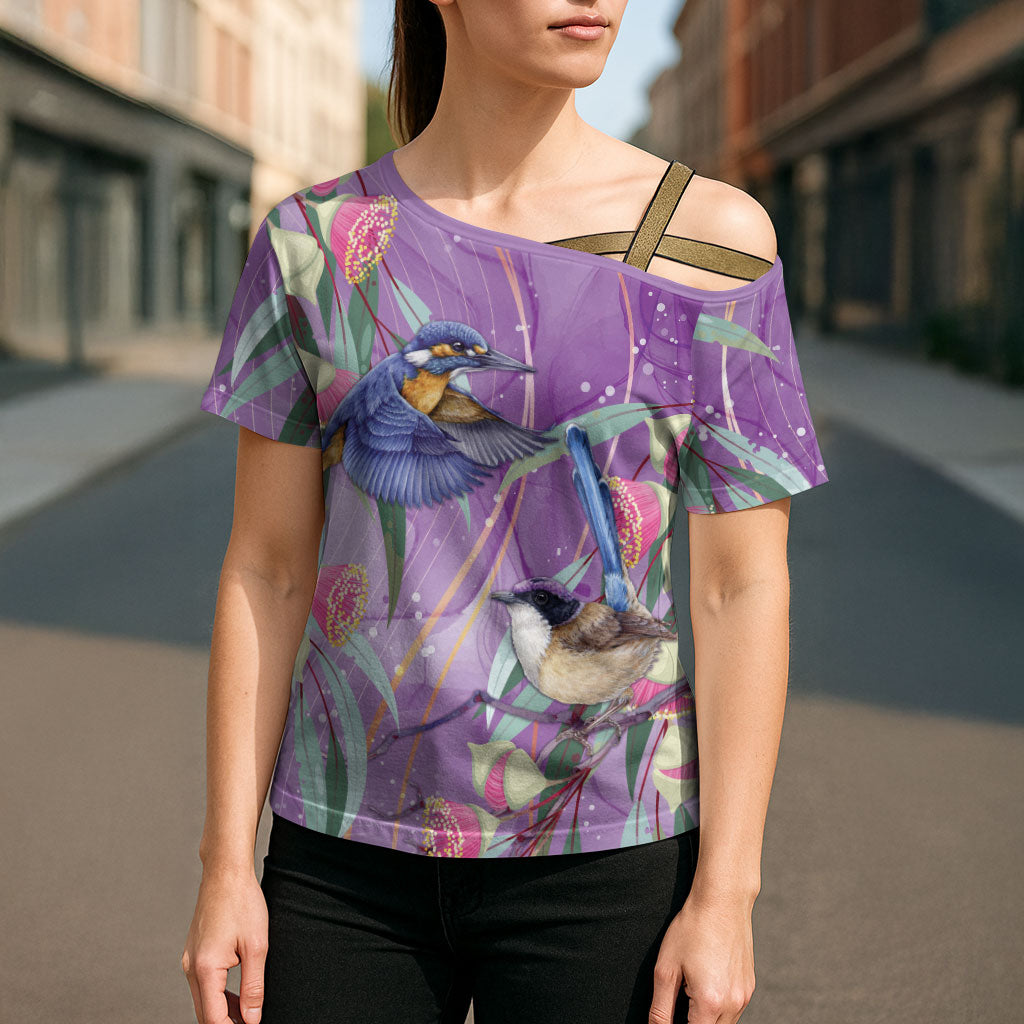 Australia Epilepsy Month Cross Shoulder Shirt Purple Fairy Wren with Eucalyptus Flowers