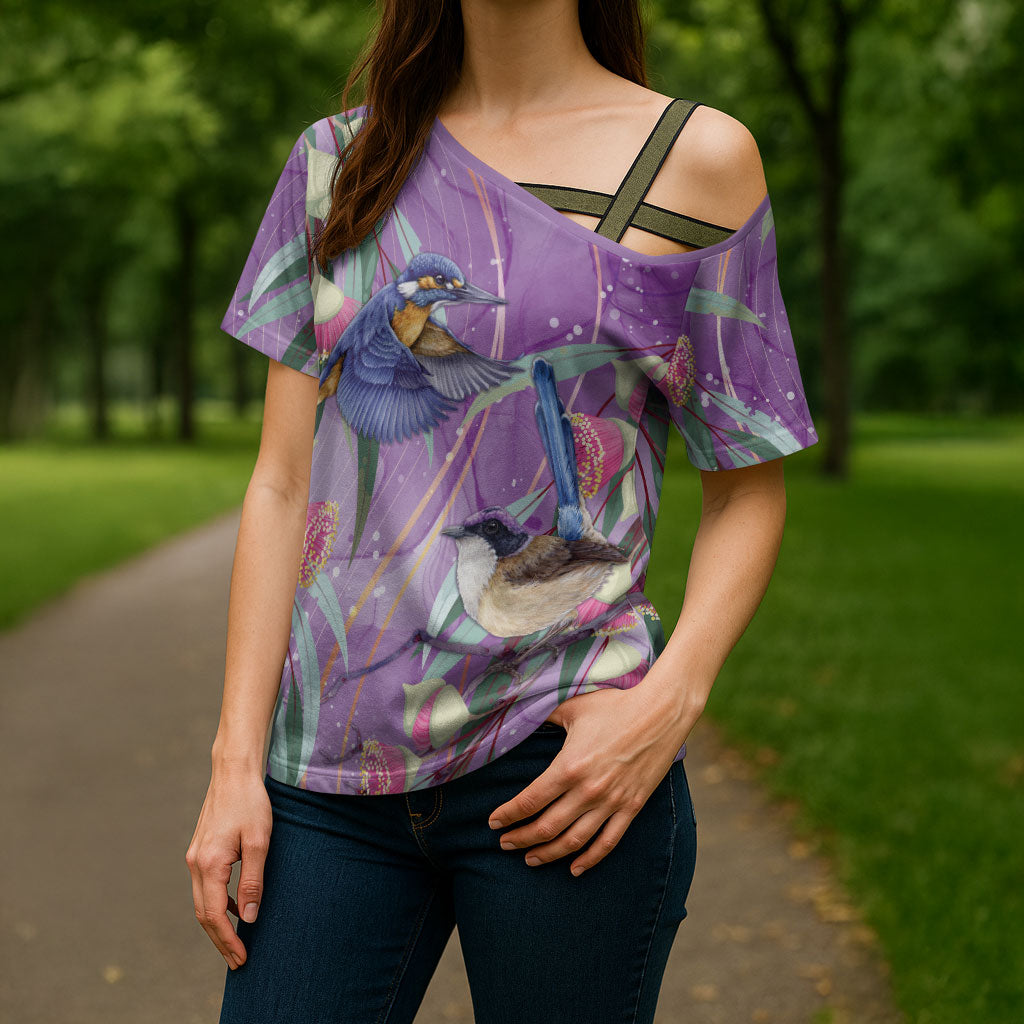 Australia Epilepsy Month Cross Shoulder Shirt Purple Fairy Wren with Eucalyptus Flowers
